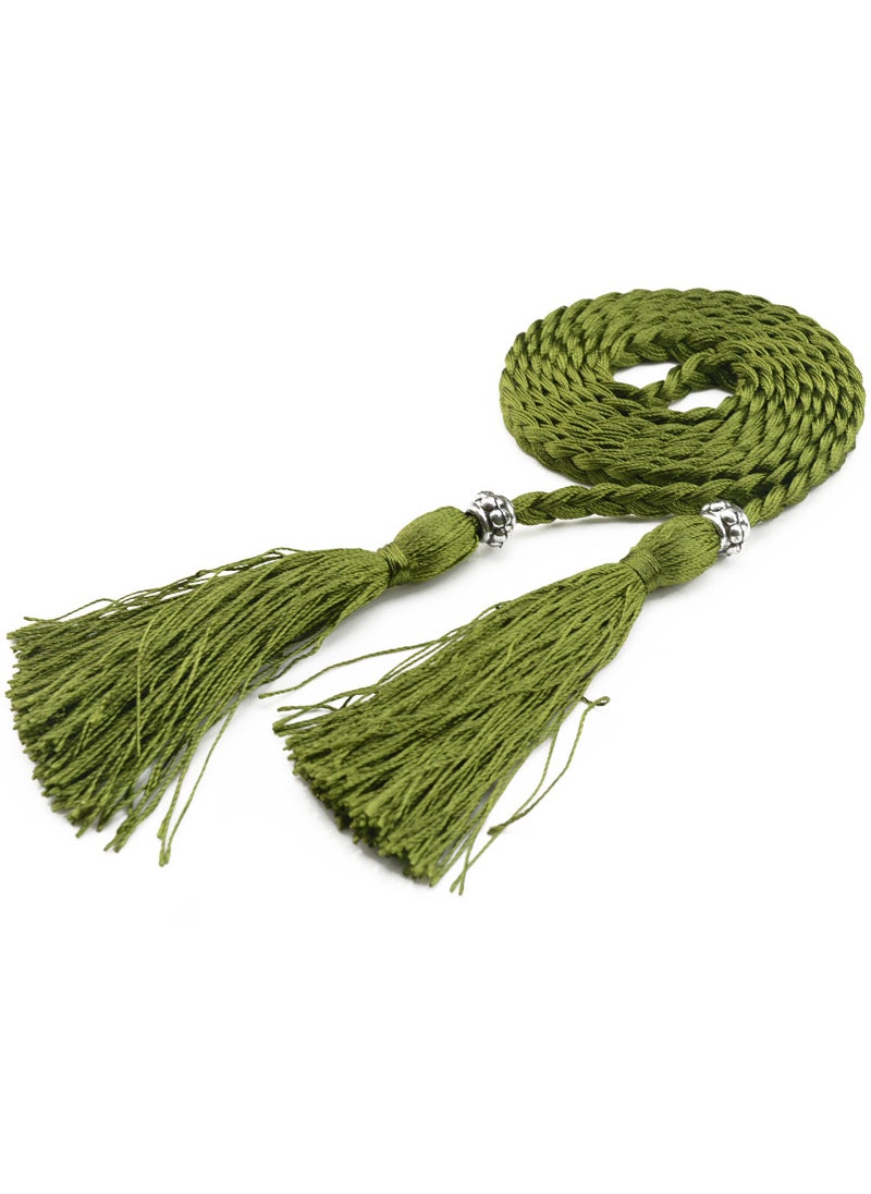 Woven Tassel Belt Thin Womens Belt Korean Bow Rope Skirt Knot Decoration Waist Chain Waist Rope Student Army Green