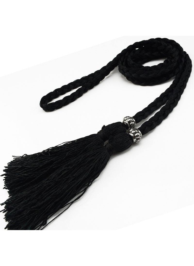 Woven Tassel Belt Thin Womens Belt Korean Bow Rope Skirt Knot Decoration Waist Chain Waist Rope Student Black