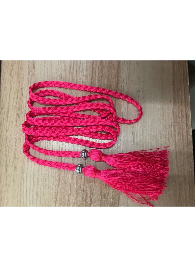 Woven Tassel Belt Thin Womens Belt Korean Bow Rope Skirt Knot Decoration Waist Chain Waist Rope Student Fluorescent Rose Red