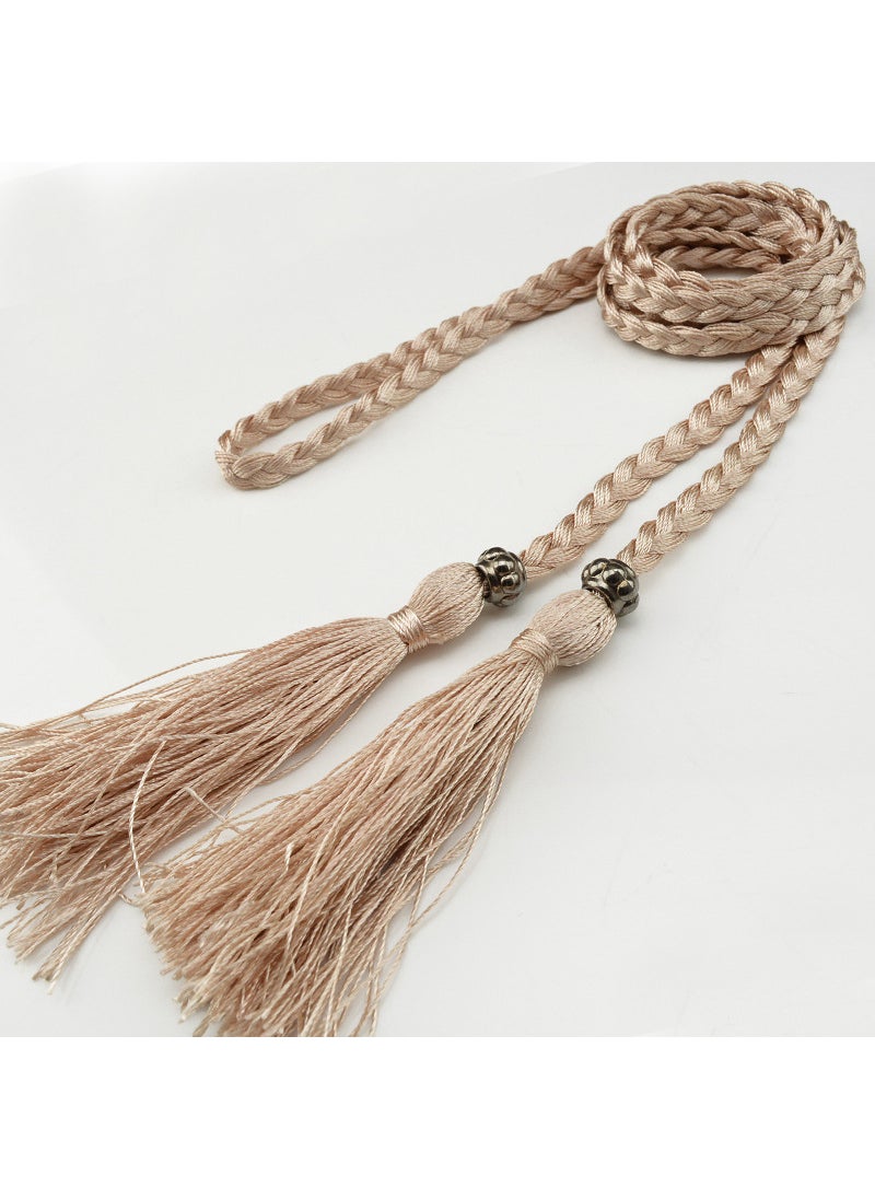 Woven Tassel Belt Thin Womens Belt Korean Bow Rope Skirt Knot Decoration Waist Chain Waist Rope Student Apricot