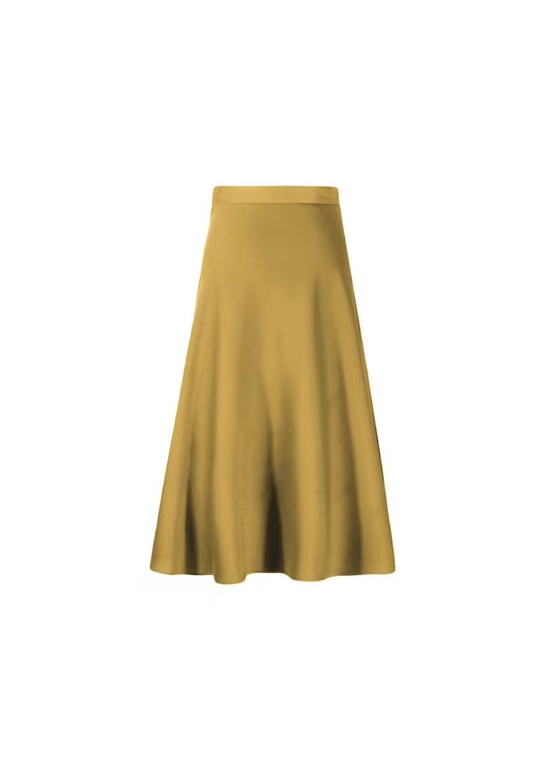 Summer 2024 Satin Midi Skirt for Women Khaki