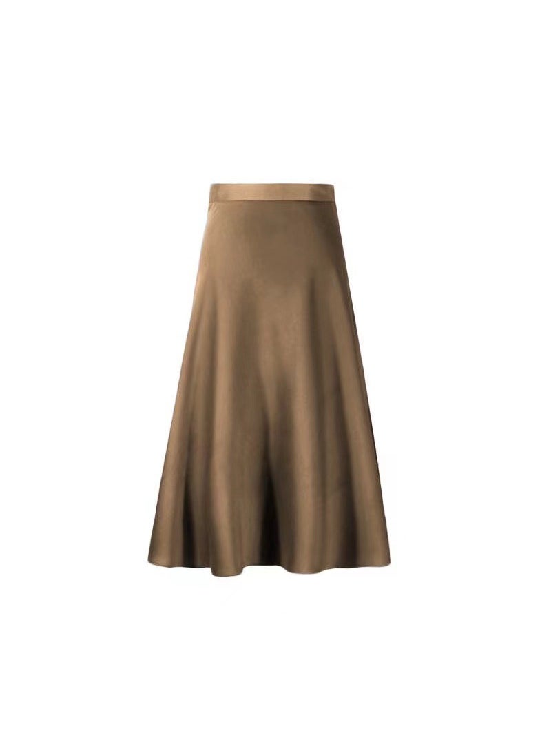 Summer 2024 Satin Midi Skirt for Women Coffee