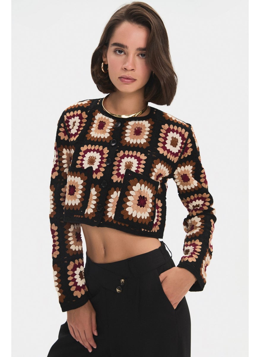 Women's Geometric Patterned Crop Knitwear Cardigan