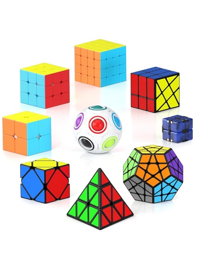 Vdealen Speed Cube Set, 9 Pack Puzzle Cube Bundle Fidget Ball 2x2 3x3 Sticker Stickerless 4x4 Pyramid Dodecahedron Skewb Infinity Magic Cube, Smooth Cube Game Toys Gift for Kids & Adults