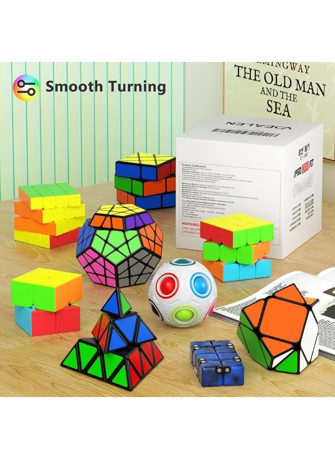 Vdealen Speed Cube Set, 9 Pack Puzzle Cube Bundle Fidget Ball 2x2 3x3 Sticker Stickerless 4x4 Pyramid Dodecahedron Skewb Infinity Magic Cube, Smooth Cube Game Toys Gift for Kids & Adults