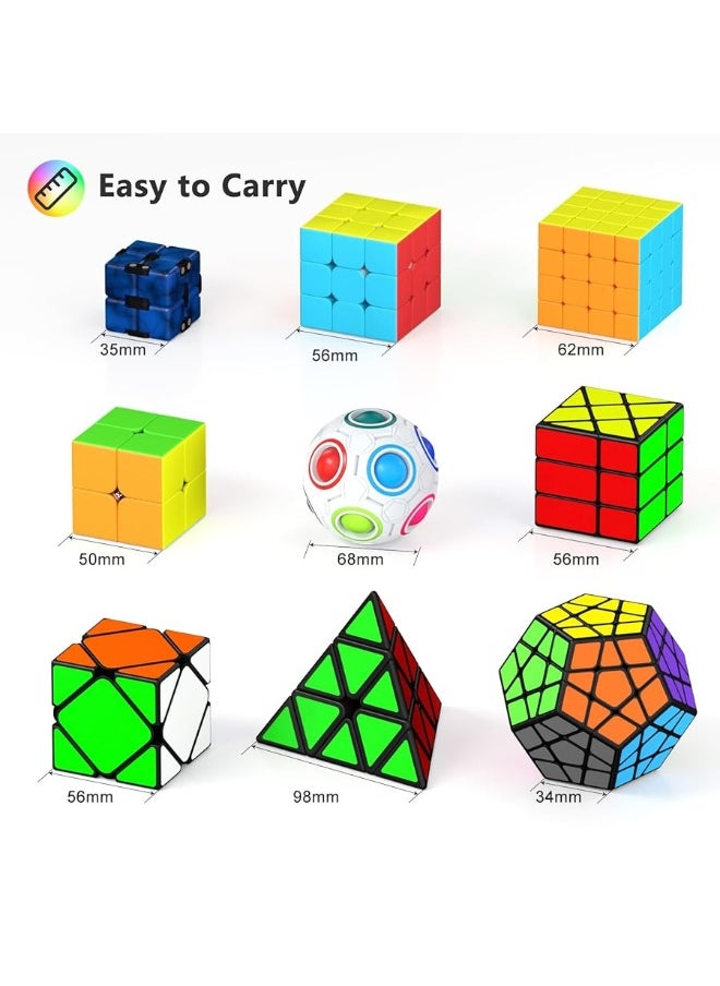 Vdealen Speed Cube Set, 9 Pack Puzzle Cube Bundle Fidget Ball 2x2 3x3 Sticker Stickerless 4x4 Pyramid Dodecahedron Skewb Infinity Magic Cube, Smooth Cube Game Toys Gift for Kids & Adults