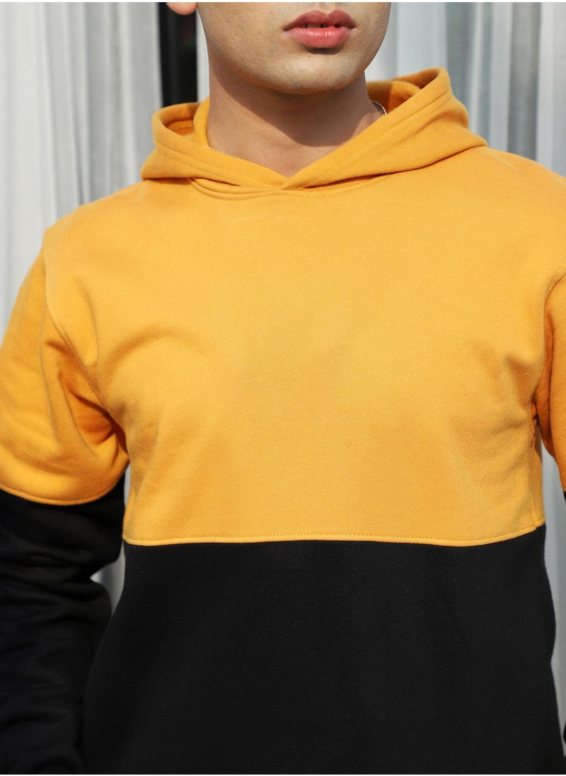 Men's Black & Mustard Yellow Pullover Hoodie With Ribbed Hem