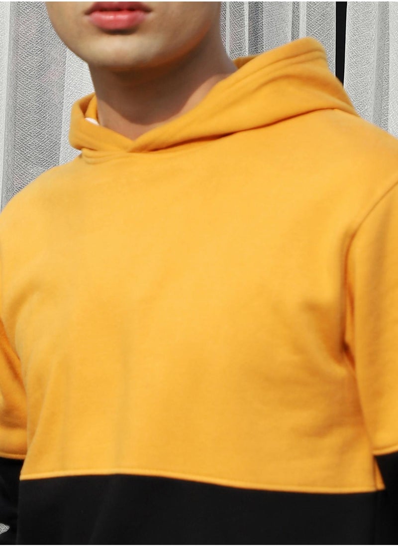 Men's Black & Mustard Yellow Pullover Hoodie With Ribbed Hem