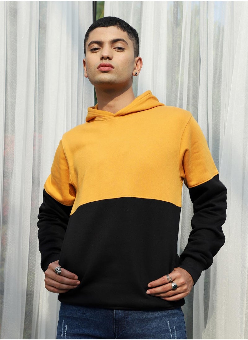 Men's Black & Mustard Yellow Pullover Hoodie With Ribbed Hem