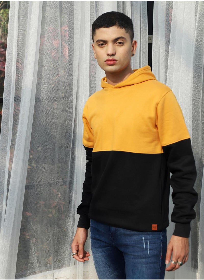 Men's Black & Mustard Yellow Pullover Hoodie With Ribbed Hem