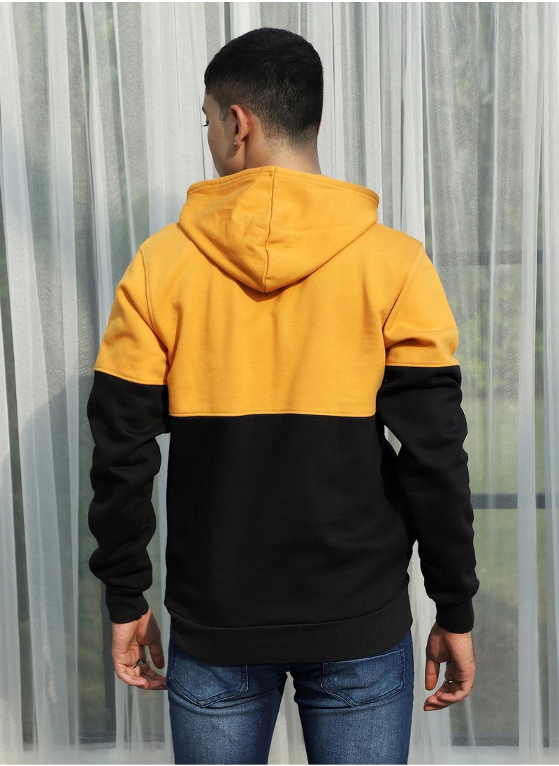 Men's Black & Mustard Yellow Pullover Hoodie With Ribbed Hem