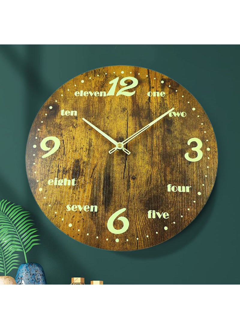 Cross-border Hot Luminous Wall Clock Simple Fire Pattern MDF Wooden Pointer Clock Round Creative Clock Burning Pattern English Numbers