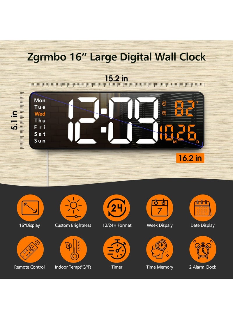 16.2-Inch Display Digital Alarm Clock with Remote Control | LED Electronic Clock for Bedroom, Living Room, and Office | Automatic Brightness Dimmer, Temperature Display, and Battery Backup (Orange)