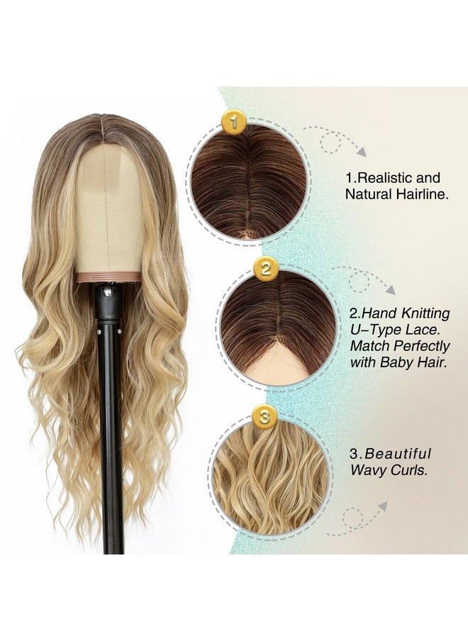 VERNA Blonde Wavy Wig with Bangs for Women, 26 Inch Long Blonde Wigs with Bangs for Women, Natural Looking Curly Blonde Wig, Heat Resistant Synthetic Wig, Middle Part Ombre Blonde Wavy wig for Daily