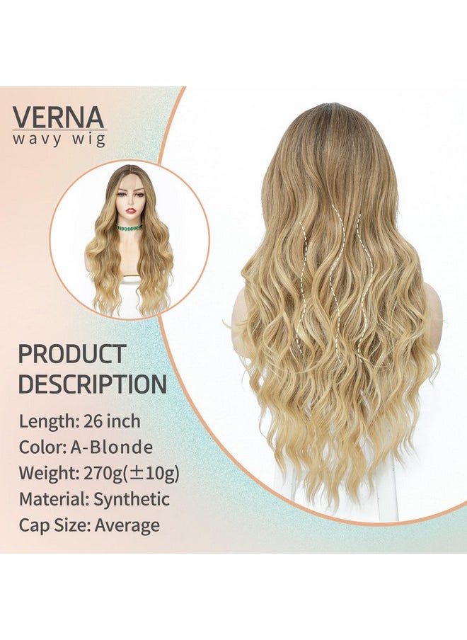 VERNA Blonde Wavy Wig with Bangs for Women, 26 Inch Long Blonde Wigs with Bangs for Women, Natural Looking Curly Blonde Wig, Heat Resistant Synthetic Wig, Middle Part Ombre Blonde Wavy wig for Daily