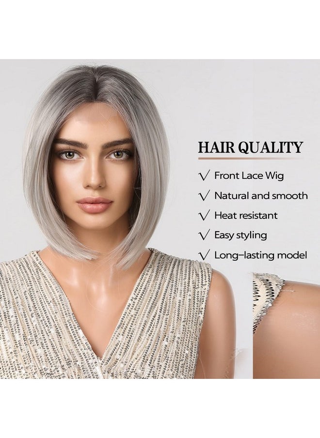 Alanhair Gray Ombre Sliver Straight Short Bob Synthetic Heat Resistant Fiber Wig for Women Middle Part Natural Looking Heat Resistant Fiber Nature Synthetic Wigs