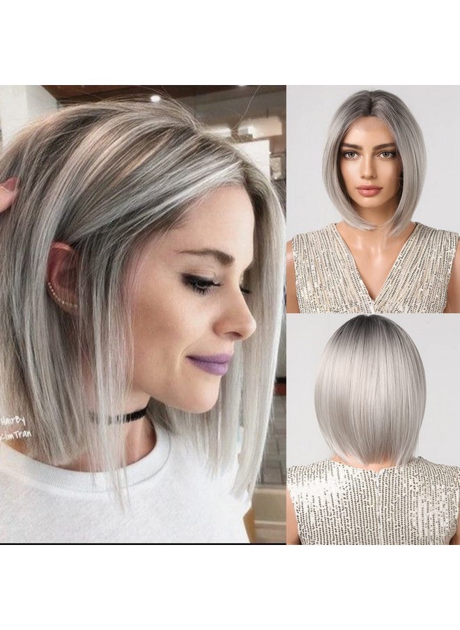 Alanhair Gray Ombre Sliver Straight Short Bob Synthetic Heat Resistant Fiber Wig for Women Middle Part Natural Looking Heat Resistant Fiber Nature Synthetic Wigs