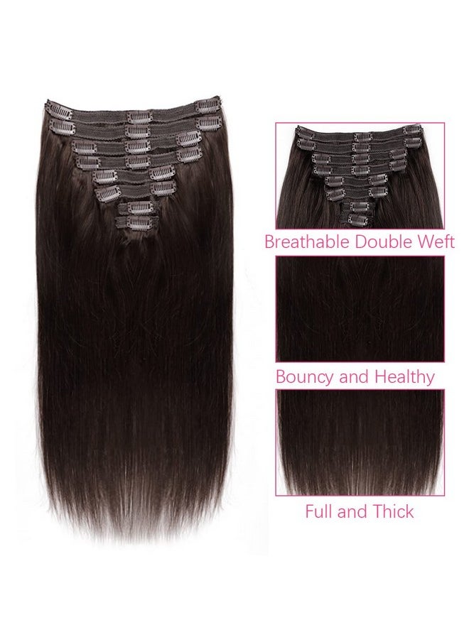 Mihugass Clip In Hair Extensions Real Human Hair Double Weft Brazilian Hair 9A Remy Dark Brown Full Head Silky Straight 100% Human Hair Clip In Extensions 120g 8pcs Per Set (14inch,#2)