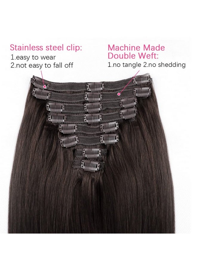 Mihugass Clip In Hair Extensions Real Human Hair Double Weft Brazilian Hair 9A Remy Dark Brown Full Head Silky Straight 100% Human Hair Clip In Extensions 120g 8pcs Per Set (14inch,#2)