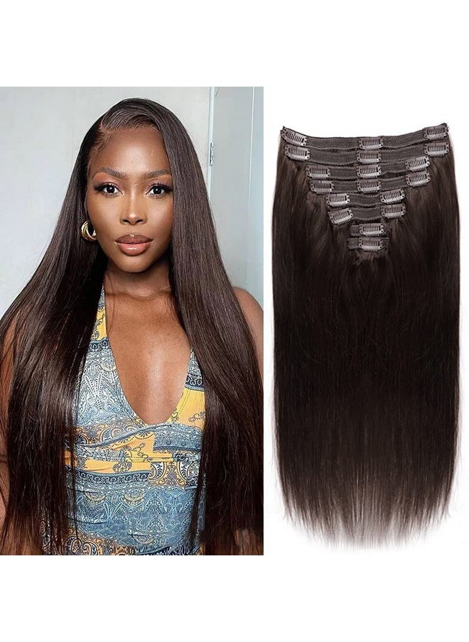 Mihugass Clip In Hair Extensions Real Human Hair Double Weft Brazilian Hair 9A Remy Dark Brown Full Head Silky Straight 100% Human Hair Clip In Extensions 120g 8pcs Per Set (14inch,#2)