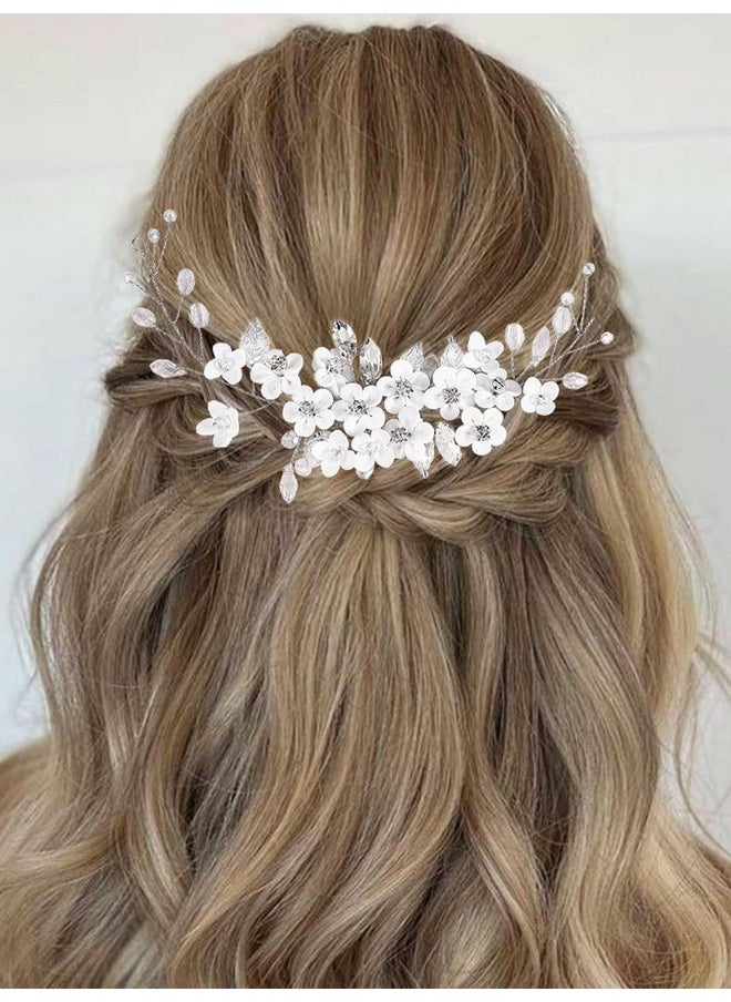 Latious Silver Flower Bride Wedding Hair Vine Crystal Bridal Hair Piece Leaf Hair Accessories Rhinestone Hair Jewelry for Women and Girls (7.08Inches)