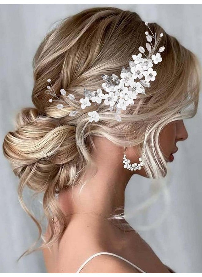 Latious Silver Flower Bride Wedding Hair Vine Crystal Bridal Hair Piece Leaf Hair Accessories Rhinestone Hair Jewelry for Women and Girls (7.08Inches)