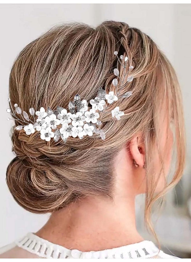 Latious Silver Flower Bride Wedding Hair Vine Crystal Bridal Hair Piece Leaf Hair Accessories Rhinestone Hair Jewelry for Women and Girls (7.08Inches)