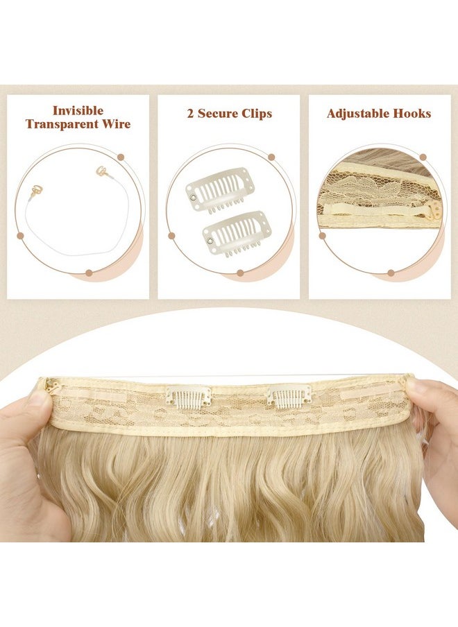 FESHFEN Invisible Wire Hair Extensions with Transparent Wire Synthetic Hair Piece Long Wavy Secret Headband Hairpieces for Women 20 inch Dark Golden Mix Beige Blonde