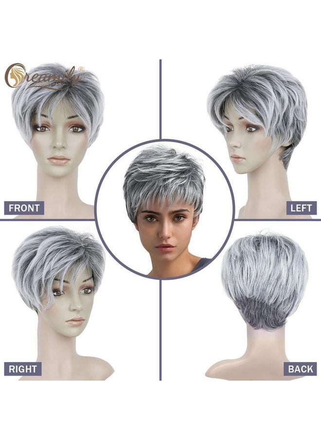 Creamily Pixie Cut Short Grey Wigs with Bangs Natural Fluffy Synthetic Hair Wigs for Women Gray Hair Replacement Wigs Mommy Wig Short Hair Styles for Women Ladies Wgs