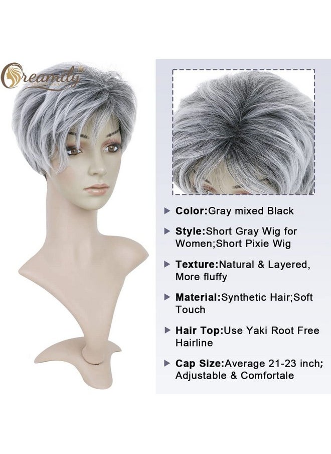 Creamily Pixie Cut Short Grey Wigs with Bangs Natural Fluffy Synthetic Hair Wigs for Women Gray Hair Replacement Wigs Mommy Wig Short Hair Styles for Women Ladies Wgs