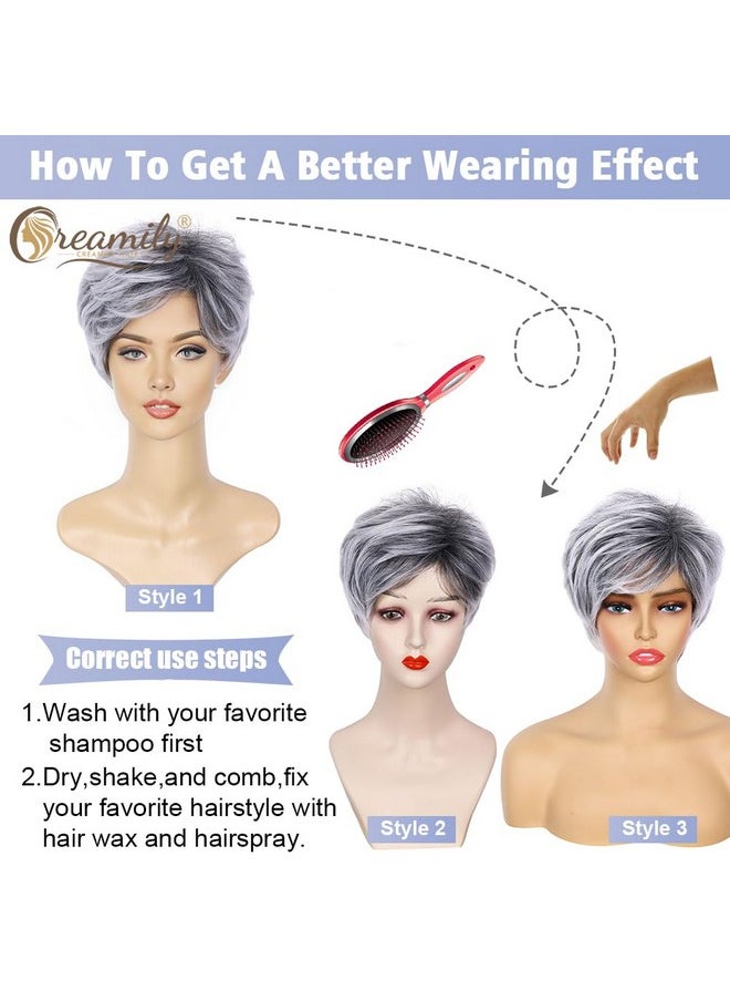 Creamily Pixie Cut Short Grey Wigs with Bangs Natural Fluffy Synthetic Hair Wigs for Women Gray Hair Replacement Wigs Mommy Wig Short Hair Styles for Women Ladies Wgs