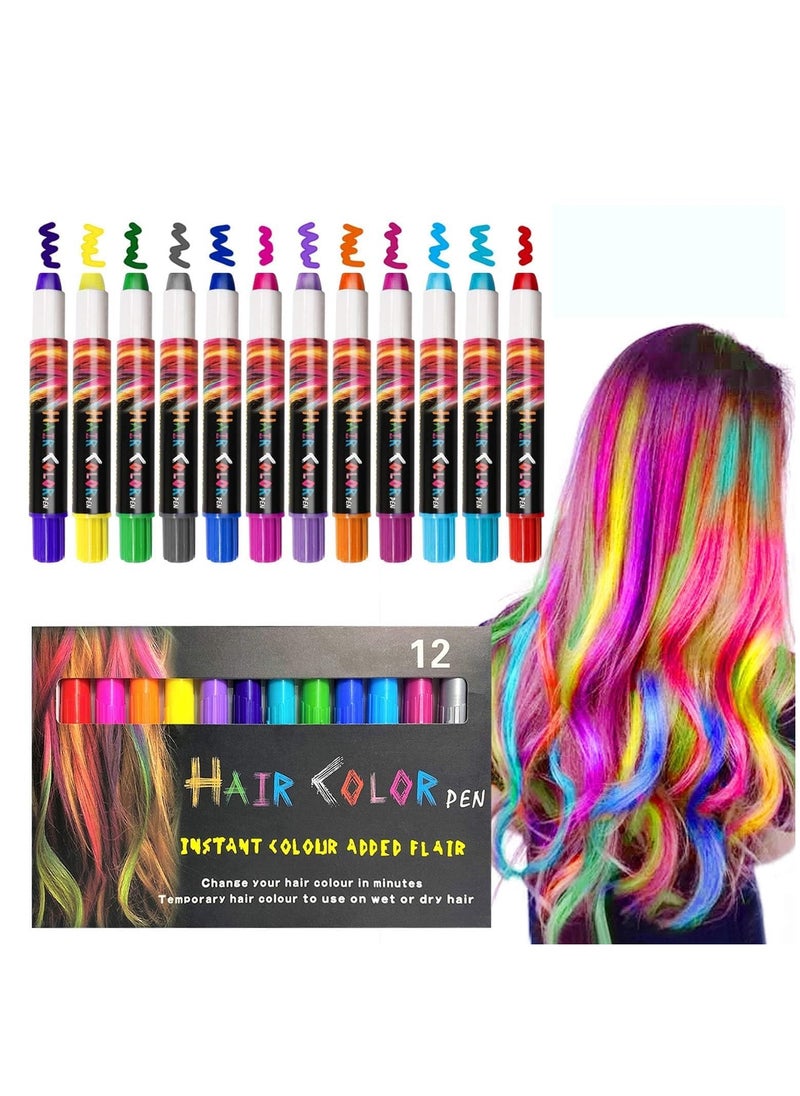 Kalolary Hair Chalk Pens for Girls, 12 Color Temporary Hair Chalk Pens Crayon Paints, Washable Hair Color Dye Gifts for Halloween Christmas New Year Birthday Carnival Cosplay Party Favors