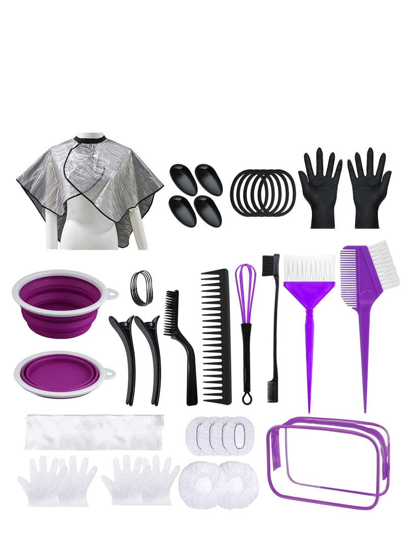 SOFYE Hair Dye Kit 30 PCS Hair Coloring Kit, Hair Dye Brush and Bowl Set with Tinting Bowl, Ear Cover, Gloves, DIY Salon Hair Painting Bleaching Tools (Purple)