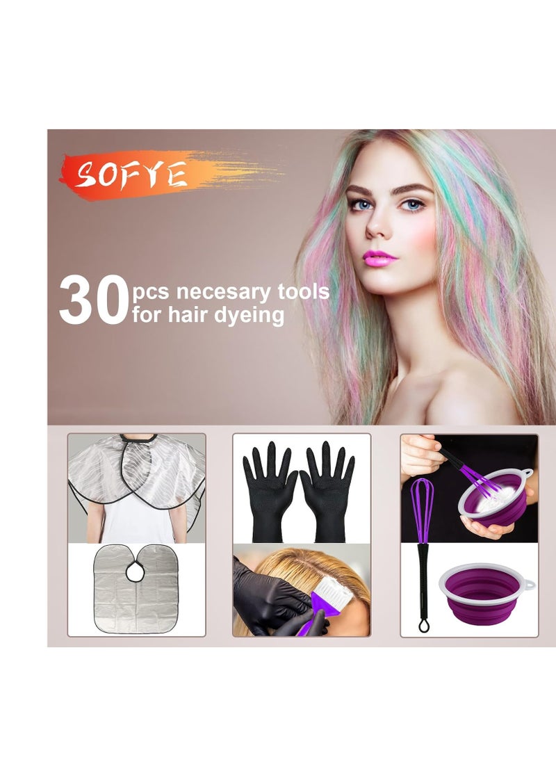 SOFYE Hair Dye Kit 30 PCS Hair Coloring Kit, Hair Dye Brush and Bowl Set with Tinting Bowl, Ear Cover, Gloves, DIY Salon Hair Painting Bleaching Tools (Purple)