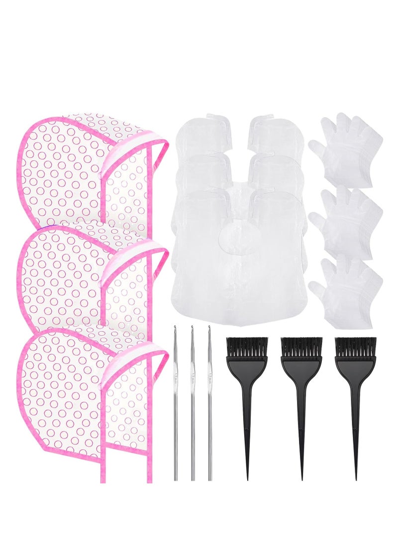 3 Sets Hair Coloring Kit, Includes 3 Pcs of PVC Hair Coloring Caps with 3 Pcs Styling Tools, 3 Pcs Disposable Hair Dye Shawl, 3 Pairs Gloves, 3 Pc Dye Brushes for Dyeing Hair (Pink)