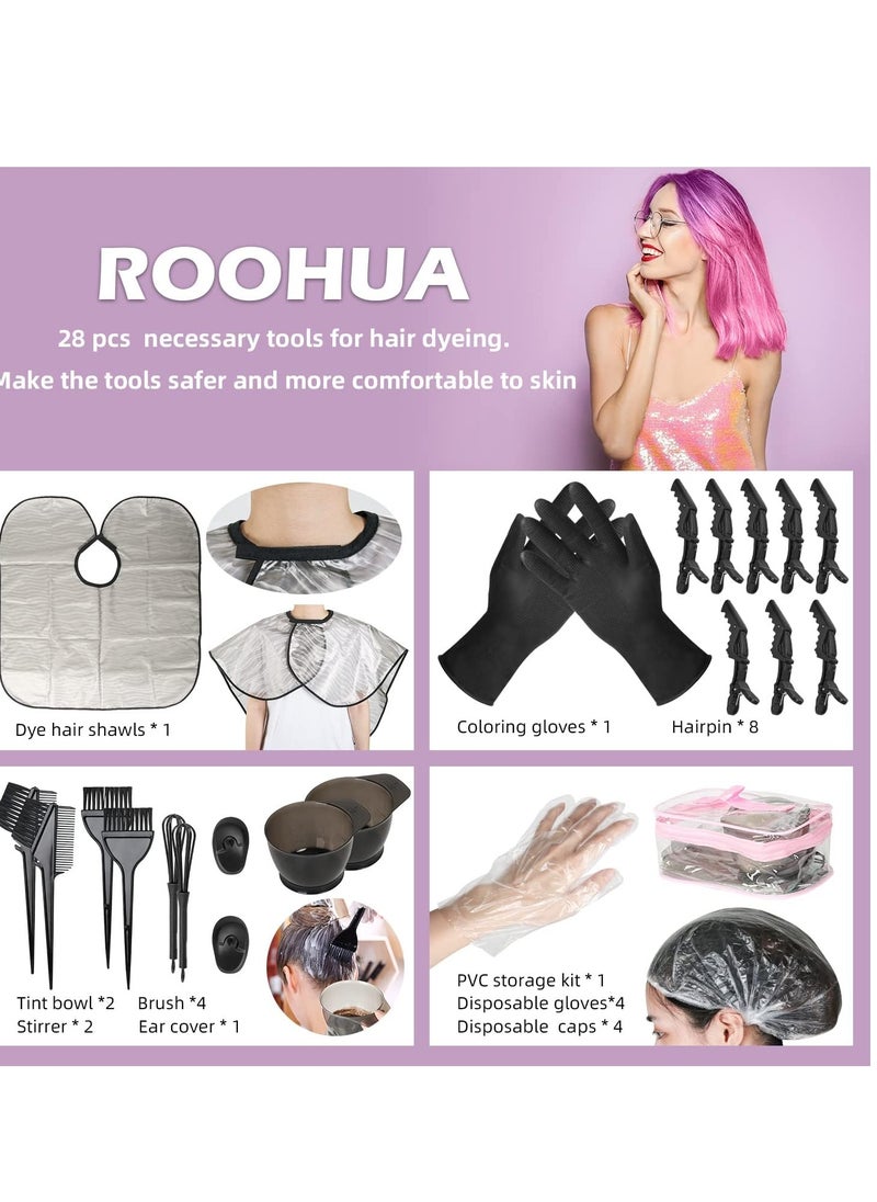 ROOHUA 28Pcs Hair Dye Coloring Kit- Hair Tinting Bowl, Hair agitator, Dye Brush, Ear Cover, Hairpin, Hair Coloring Cape For Hair Coloring Hair Dye Tools (28PCS)