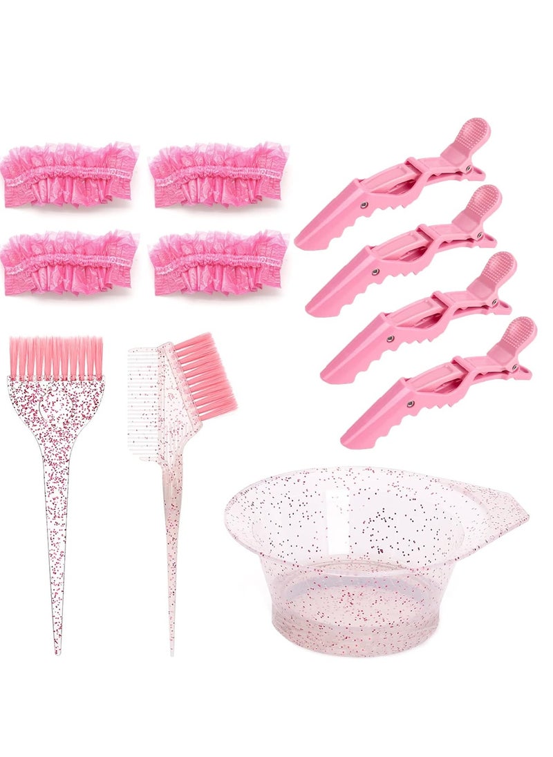 11Pcs Professional Hair Dye Kit, Hair Color Bowls and Hair Dye Brush Kit Hair Color Mixing Bleaching DIY Salon Tools, Mixing Bowl, Dye Color Brush, Hair Clips, Earmuffs (Pink)