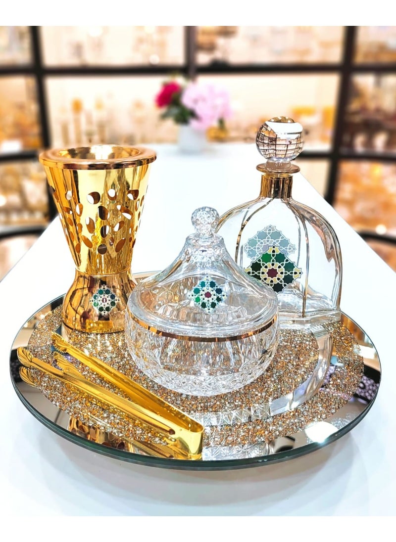 Incense Bakhoor Burner 5 Pcs Set Burner Bowl Tong Mirror Moving Tray Oil Perfume Bottle