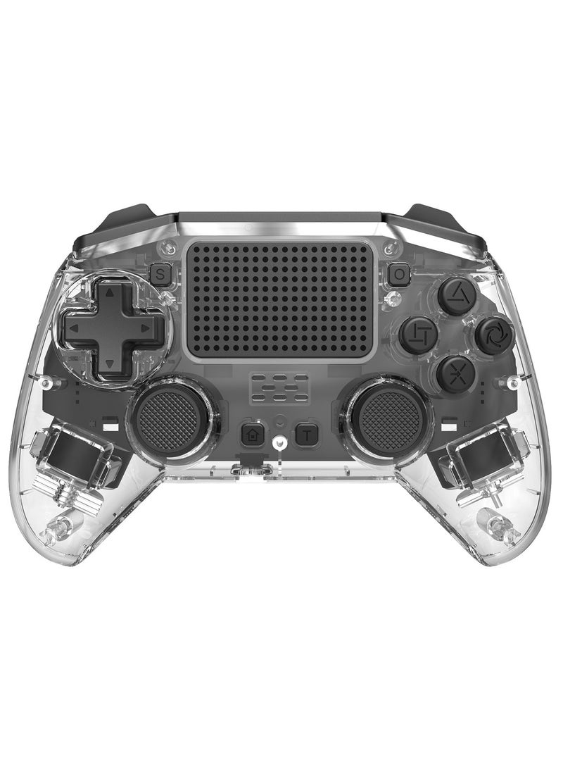 Professional Wireless Gamepad LinYuvo PS4 Bluetooth Game Controller Compatible with PS4, PS4 Slim, PS4 Pro, Android, iOS13 above Six-Axis Gyroscope Programming Function Capacitive Touch Pad 3.5mm Audio Jack Adjustable Dual Motor Vibration Wake-Up Function Metal Joystick Transparent Black