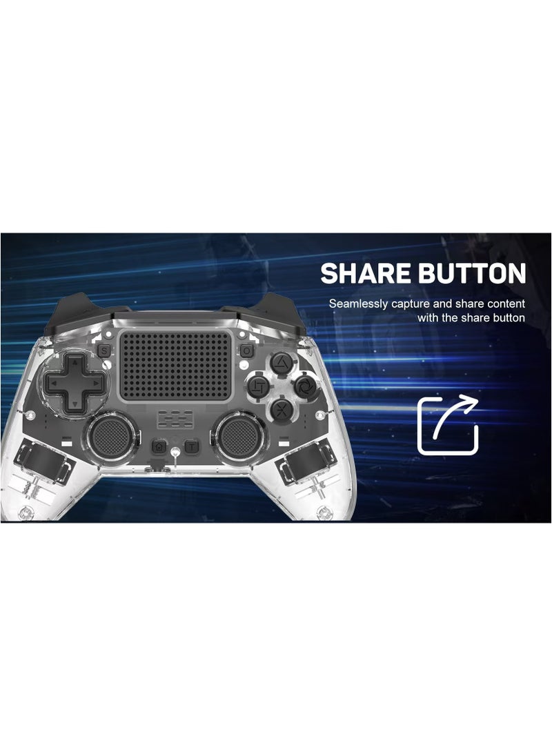 Professional Wireless Gamepad LinYuvo PS4 Bluetooth Game Controller Compatible with PS4, PS4 Slim, PS4 Pro, Android, iOS13 above Six-Axis Gyroscope Programming Function Capacitive Touch Pad 3.5mm Audio Jack Adjustable Dual Motor Vibration Wake-Up Function Metal Joystick Transparent Black