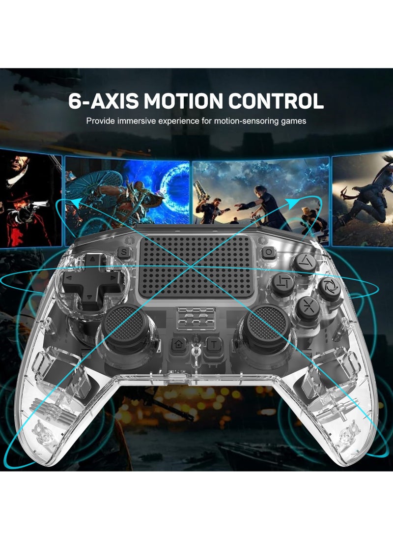 Professional Wireless Gamepad LinYuvo PS4 Bluetooth Game Controller Compatible with PS4, PS4 Slim, PS4 Pro, Android, iOS13 above Six-Axis Gyroscope Programming Function Capacitive Touch Pad 3.5mm Audio Jack Adjustable Dual Motor Vibration Wake-Up Function Metal Joystick Transparent Black