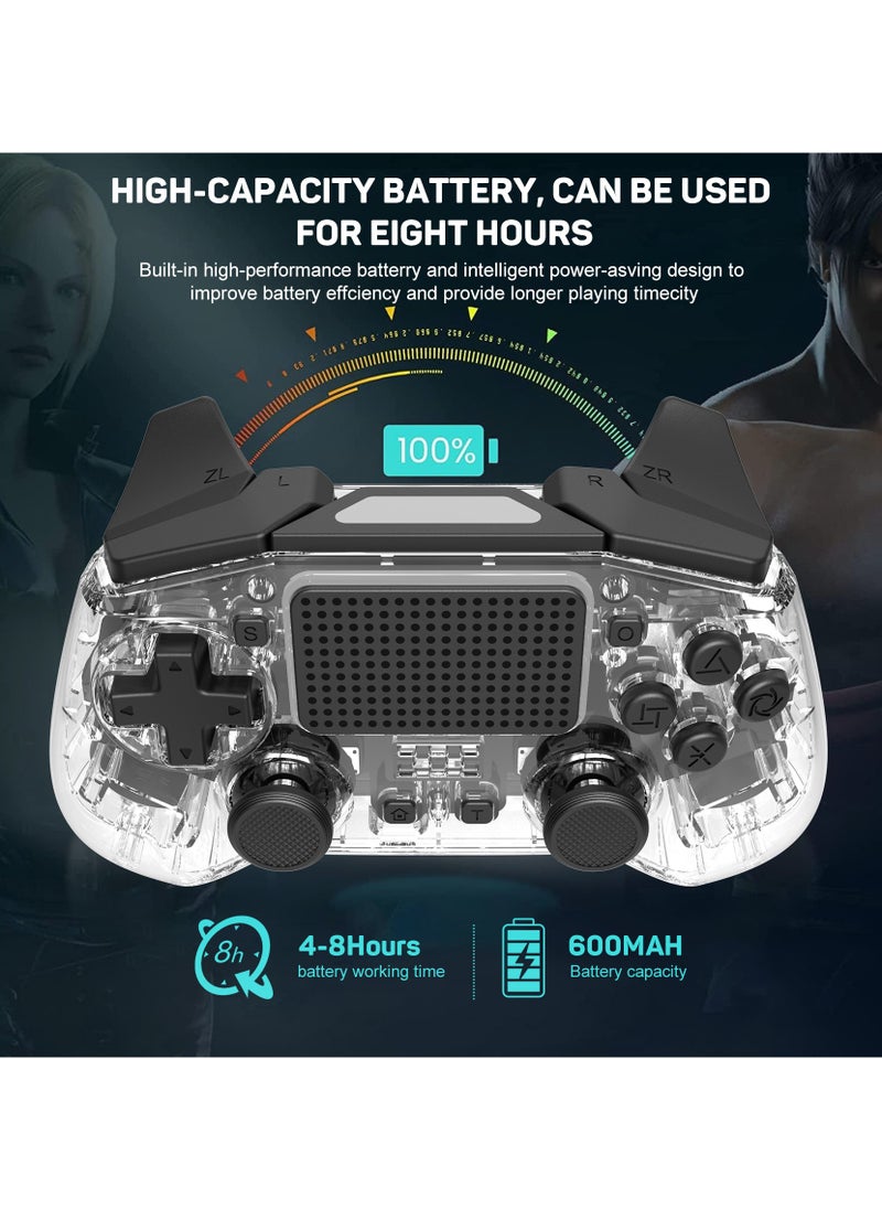 Professional Wireless Gamepad LinYuvo PS4 Bluetooth Game Controller Compatible with PS4, PS4 Slim, PS4 Pro, Android, iOS13 above Six-Axis Gyroscope Programming Function Capacitive Touch Pad 3.5mm Audio Jack Adjustable Dual Motor Vibration Wake-Up Function Metal Joystick Transparent Black