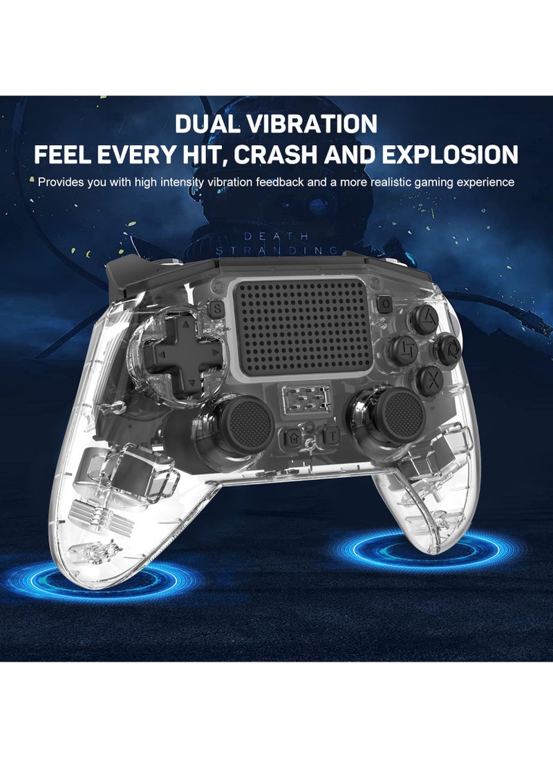 Professional Wireless Gamepad LinYuvo PS4 Bluetooth Game Controller Compatible with PS4, PS4 Slim, PS4 Pro, Android, iOS13 above Six-Axis Gyroscope Programming Function Capacitive Touch Pad 3.5mm Audio Jack Adjustable Dual Motor Vibration Wake-Up Function Metal Joystick Transparent Black