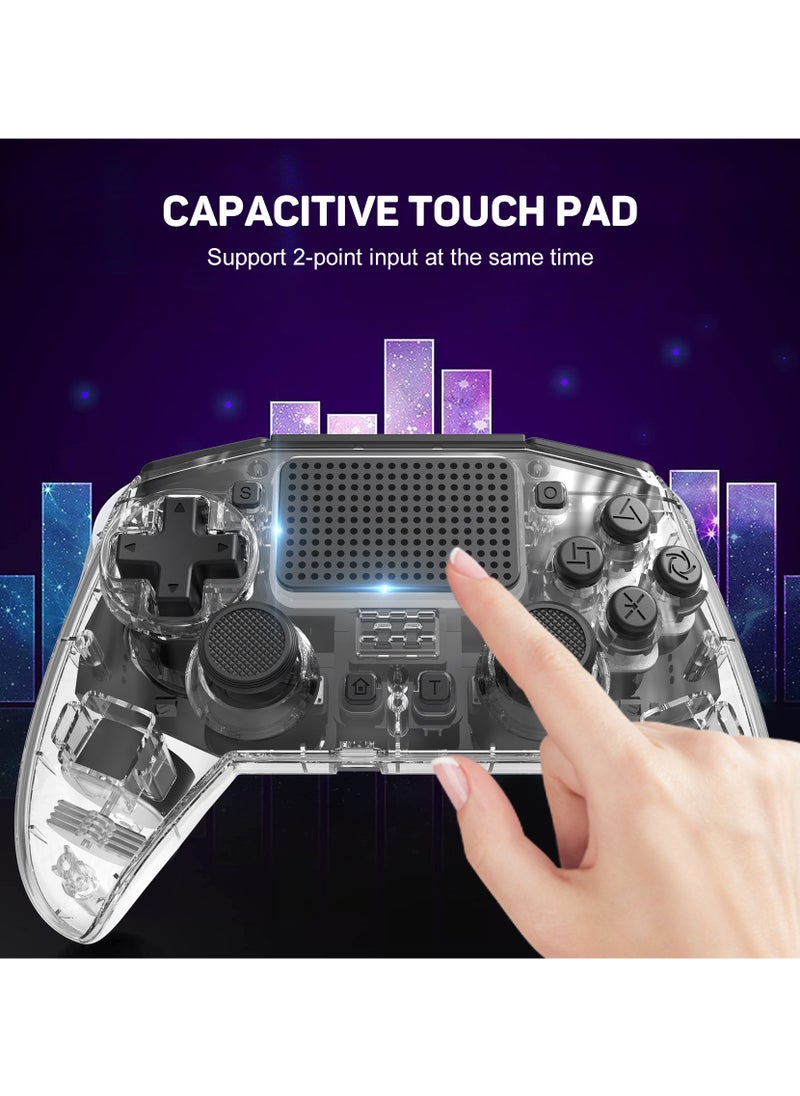 Professional Wireless Gamepad LinYuvo PS4 Bluetooth Game Controller Compatible with PS4, PS4 Slim, PS4 Pro, Android, iOS13 above Six-Axis Gyroscope Programming Function Capacitive Touch Pad 3.5mm Audio Jack Adjustable Dual Motor Vibration Wake-Up Function Metal Joystick Transparent Black