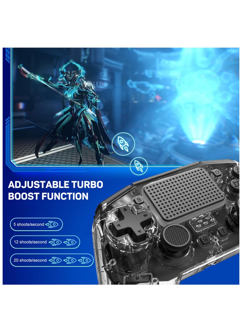 Professional Wireless Gamepad LinYuvo PS4 Bluetooth Game Controller Compatible with PS4, PS4 Slim, PS4 Pro, Android, iOS13 above Six-Axis Gyroscope Programming Function Capacitive Touch Pad 3.5mm Audio Jack Adjustable Dual Motor Vibration Wake-Up Function Metal Joystick Transparent Black