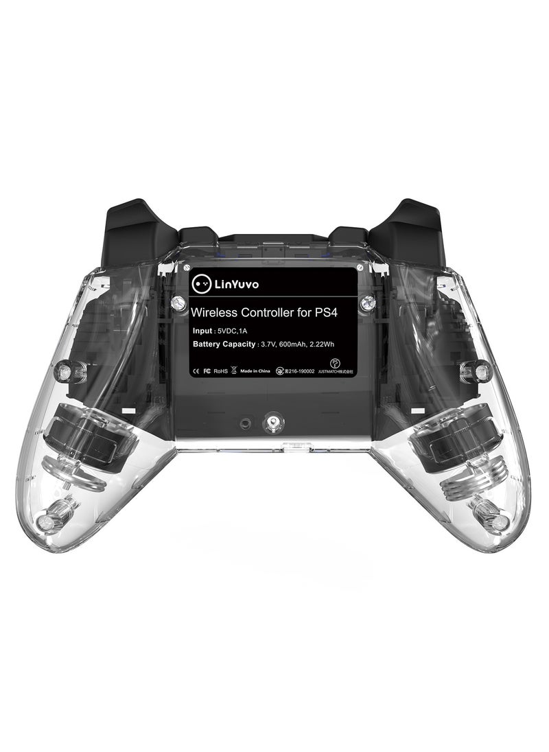 Professional Wireless Gamepad LinYuvo PS4 Bluetooth Game Controller Compatible with PS4, PS4 Slim, PS4 Pro, Android, iOS13 above Six-Axis Gyroscope Programming Function Capacitive Touch Pad 3.5mm Audio Jack Adjustable Dual Motor Vibration Wake-Up Function Metal Joystick Transparent Black