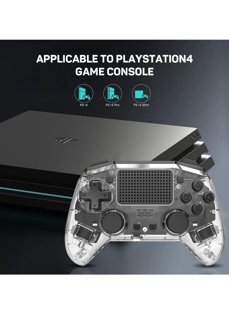 Professional Wireless Gamepad LinYuvo PS4 Bluetooth Game Controller Compatible with PS4, PS4 Slim, PS4 Pro, Android, iOS13 above Six-Axis Gyroscope Programming Function Capacitive Touch Pad 3.5mm Audio Jack Adjustable Dual Motor Vibration Wake-Up Function Metal Joystick Transparent Black