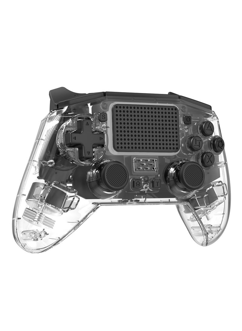 Professional Wireless Gamepad LinYuvo PS4 Bluetooth Game Controller Compatible with PS4, PS4 Slim, PS4 Pro, Android, iOS13 above Six-Axis Gyroscope Programming Function Capacitive Touch Pad 3.5mm Audio Jack Adjustable Dual Motor Vibration Wake-Up Function Metal Joystick Transparent Black