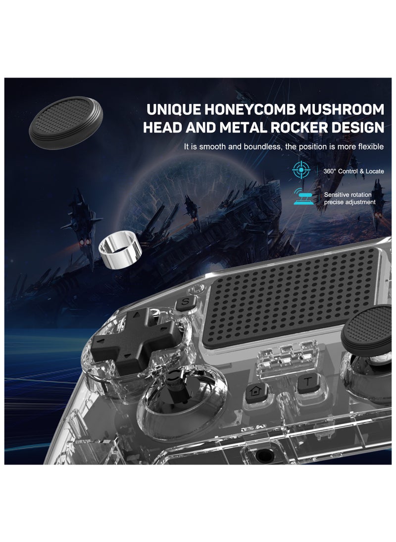 Professional Wireless Gamepad LinYuvo PS4 Bluetooth Game Controller Compatible with PS4, PS4 Slim, PS4 Pro, Android, iOS13 above Six-Axis Gyroscope Programming Function Capacitive Touch Pad 3.5mm Audio Jack Adjustable Dual Motor Vibration Wake-Up Function Metal Joystick Transparent Black