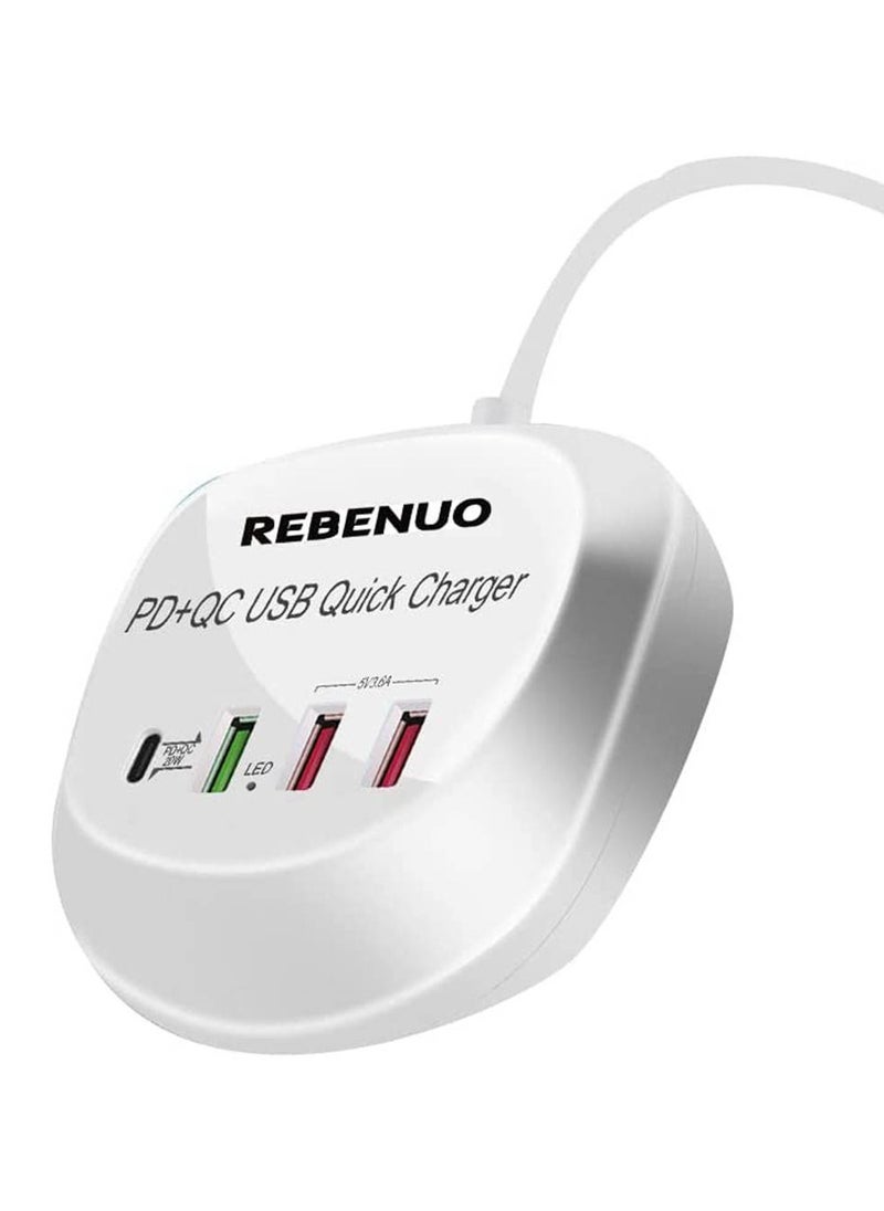 Rebenuo T3P 4 In 1 USB With Type-C PD Quick Charger LED Lights Multi Port Fast Charger 1.2m Cable Length Standard Voltage AC100-240V White